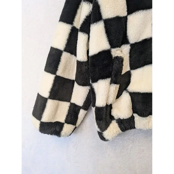 H&M Divided Women's Size S Black and White Checkerboard Faux Fur Zip Up Hoodie - Picture 2 of 9